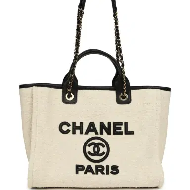 Chanel Chanel Small Deauville Shopping Tote Ecru Bouclé Tweed, Black Calfskin Gold Hardware | Thumbnail 1 Chanel Chanel Small Deauville Shopping Tote Ecru Bouclé Tweed, Black Calfskin Gold Hardware | Thumbnail 1