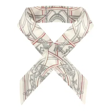 HERMÈS Hermes "Harnais Legendaire" White, Gris Perle, Rouge H Silk Twilly | Thumbnail 1 HERMÈS Hermes "Harnais Legendaire" White, Gris Perle, Rouge H Silk Twilly | Thumbnail 1