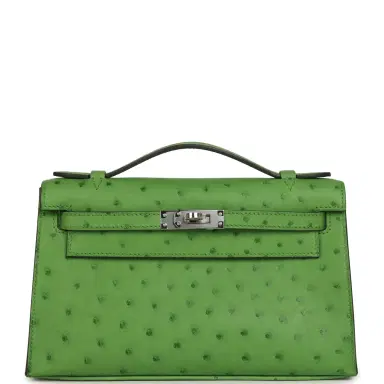 HERMÈS Hermes Kelly Pochette Vert Yucca Ostrich Palladium Hardware | Thumbnail 1 HERMÈS Hermes Kelly Pochette Vert Yucca Ostrich Palladium Hardware | Thumbnail 1