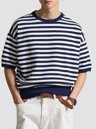 Polo Ralph Lauren Men's Relaxed-Fit Striped Cotton-Blend Sweatshirt - Newport Navy White | Thumbnail 4 Polo Ralph Lauren Men's Relaxed-Fit Striped Cotton-Blend Sweatshirt - Newport Navy White | Thumbnail 4
