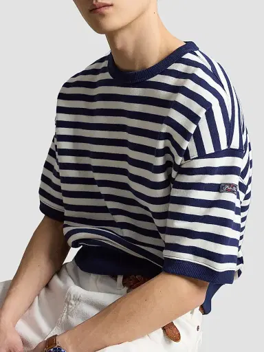 Polo Ralph Lauren Men's Relaxed-Fit Striped Cotton-Blend Sweatshirt - Newport Navy White | Thumbnail 6 Polo Ralph Lauren Men's Relaxed-Fit Striped Cotton-Blend Sweatshirt - Newport Navy White | Thumbnail 6