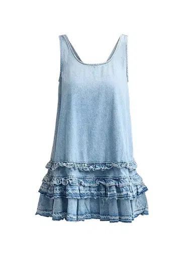 Ganni Women's Lightweight Denim Frill Mini Dress | Thumbnail 1 Ganni Women's Lightweight Denim Frill Mini Dress | Thumbnail 1