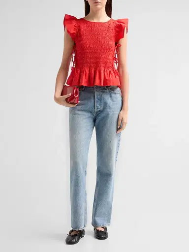 Ganni Women's Stretch-Cotton Angel-Sleeve Smocked Top - Goji Berry | Thumbnail 2 Ganni Women's Stretch-Cotton Angel-Sleeve Smocked Top - Goji Berry | Thumbnail 2