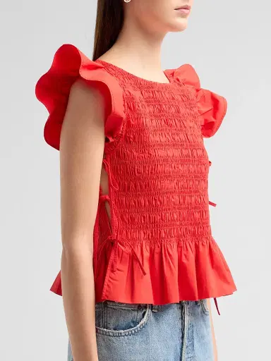 Ganni Women's Stretch-Cotton Angel-Sleeve Smocked Top - Goji Berry | Thumbnail 5 Ganni Women's Stretch-Cotton Angel-Sleeve Smocked Top - Goji Berry | Thumbnail 5