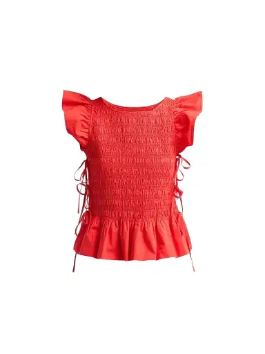Ganni Women's Stretch-Cotton Angel-Sleeve Smocked Top - Goji Berry | Thumbnail 1 Ganni Women's Stretch-Cotton Angel-Sleeve Smocked Top - Goji Berry | Thumbnail 1
