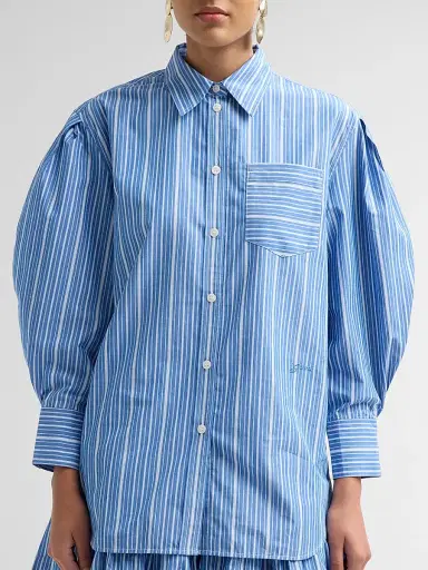 Ganni Women's Striped Cotton Pleated-Sleeve Shirt | Thumbnail 5 Ganni Women's Striped Cotton Pleated-Sleeve Shirt | Thumbnail 5