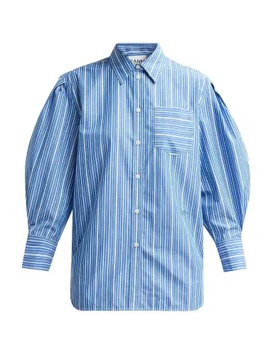 Ganni Women's Striped Cotton Pleated-Sleeve Shirt | Thumbnail 1 Ganni Women's Striped Cotton Pleated-Sleeve Shirt | Thumbnail 1