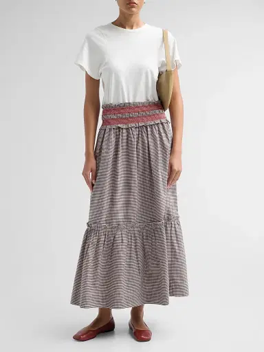 Ganni Women's Check Cotton Smocked Maxi Skirt - Chicory Coffee | Thumbnail 2 Ganni Women's Check Cotton Smocked Maxi Skirt - Chicory Coffee | Thumbnail 2