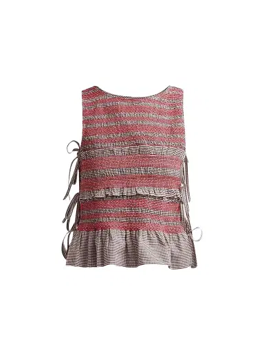 Ganni Women's Check Cotton Smocked Tie Top - Chicory Coffee | Thumbnail 1 Ganni Women's Check Cotton Smocked Tie Top - Chicory Coffee | Thumbnail 1