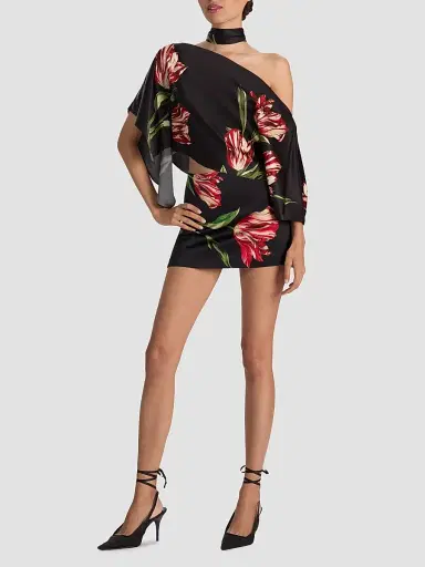 ALICE + OLIVIA Women's Rita Draped Floral One-Shoulder Crop Top - Soft Tulip Black | Thumbnail 2 ALICE + OLIVIA Women's Rita Draped Floral One-Shoulder Crop Top - Soft Tulip Black | Thumbnail 2