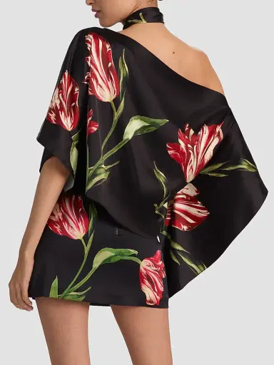 ALICE + OLIVIA Women's Rita Draped Floral One-Shoulder Crop Top - Soft Tulip Black | Thumbnail 3 ALICE + OLIVIA Women's Rita Draped Floral One-Shoulder Crop Top - Soft Tulip Black | Thumbnail 3
