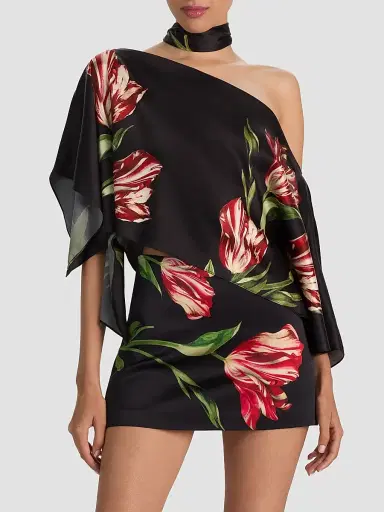 ALICE + OLIVIA Women's Rita Draped Floral One-Shoulder Crop Top - Soft Tulip Black | Thumbnail 4 ALICE + OLIVIA Women's Rita Draped Floral One-Shoulder Crop Top - Soft Tulip Black | Thumbnail 4