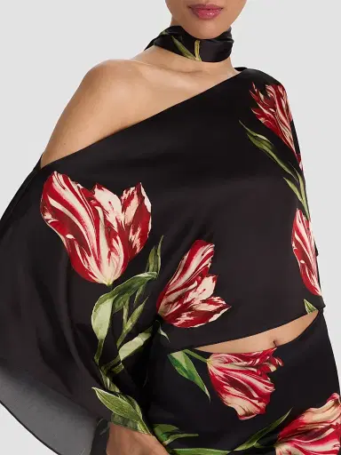 ALICE + OLIVIA Women's Rita Draped Floral One-Shoulder Crop Top - Soft Tulip Black | Thumbnail 5 ALICE + OLIVIA Women's Rita Draped Floral One-Shoulder Crop Top - Soft Tulip Black | Thumbnail 5