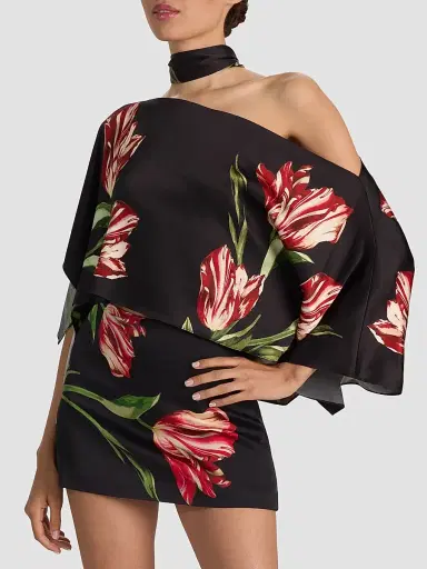 ALICE + OLIVIA Women's Rita Draped Floral One-Shoulder Crop Top - Soft Tulip Black | Thumbnail 6 ALICE + OLIVIA Women's Rita Draped Floral One-Shoulder Crop Top - Soft Tulip Black | Thumbnail 6