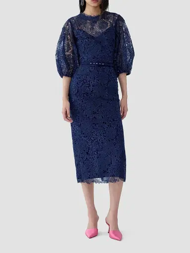 Carolina Herrera Women's Lace Balloon-Sleeve Belted Midi Pencil Dress - Midnight - Size 16 | Thumbnail 2 Carolina Herrera Women's Lace Balloon-Sleeve Belted Midi Pencil Dress - Midnight - Size 16 | Thumbnail 2