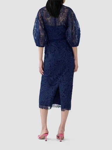 Carolina Herrera Women's Lace Balloon-Sleeve Belted Midi Pencil Dress - Midnight - Size 16 | Thumbnail 3 Carolina Herrera Women's Lace Balloon-Sleeve Belted Midi Pencil Dress - Midnight - Size 16 | Thumbnail 3