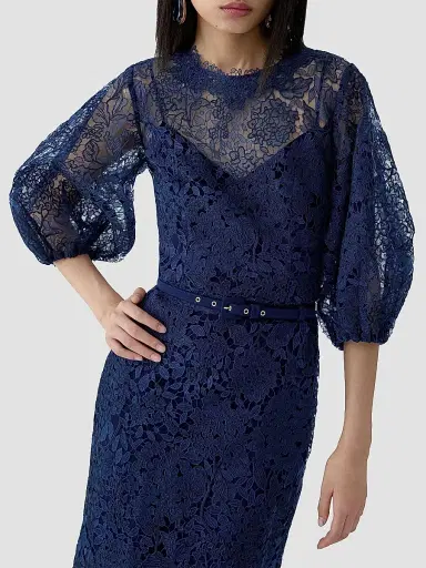 Carolina Herrera Women's Lace Balloon-Sleeve Belted Midi Pencil Dress - Midnight - Size 16 | Thumbnail 4 Carolina Herrera Women's Lace Balloon-Sleeve Belted Midi Pencil Dress - Midnight - Size 16 | Thumbnail 4