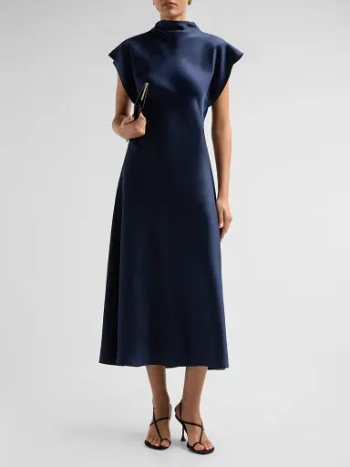 Tanya Taylor Women's Adrien Satin Flutter-Sleeve Midi Dress - Anthracite | Thumbnail 2 Tanya Taylor Women's Adrien Satin Flutter-Sleeve Midi Dress - Anthracite | Thumbnail 2
