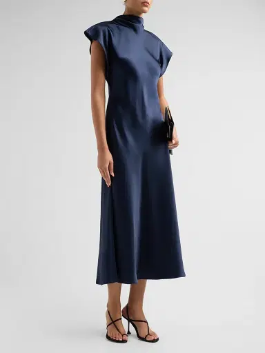 Tanya Taylor Women's Adrien Satin Flutter-Sleeve Midi Dress - Anthracite | Thumbnail 4 Tanya Taylor Women's Adrien Satin Flutter-Sleeve Midi Dress - Anthracite | Thumbnail 4