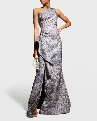 Rickie Freeman for Teri Jon One-Shoulder Jacquard Side-Ruffle Gown | Thumbnail 2 Rickie Freeman for Teri Jon One-Shoulder Jacquard Side-Ruffle Gown | Thumbnail 2
