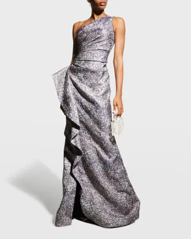 Rickie Freeman for Teri Jon One-Shoulder Jacquard Side-Ruffle Gown | Thumbnail 3 Rickie Freeman for Teri Jon One-Shoulder Jacquard Side-Ruffle Gown | Thumbnail 3