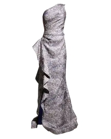 Rickie Freeman for Teri Jon One-Shoulder Jacquard Side-Ruffle Gown | Thumbnail 1 Rickie Freeman for Teri Jon One-Shoulder Jacquard Side-Ruffle Gown | Thumbnail 1