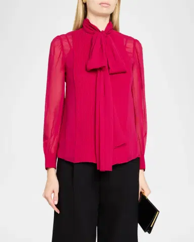 Carolina Herrera Pleated Silk Georgette Bow-Neck Blouse | Thumbnail 4 Carolina Herrera Pleated Silk Georgette Bow-Neck Blouse | Thumbnail 4