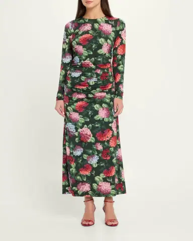 Carolina Herrera Hydrangea-Print Ruched Jersey Long-Sleeve Midi Dress | Thumbnail 2 Carolina Herrera Hydrangea-Print Ruched Jersey Long-Sleeve Midi Dress | Thumbnail 2