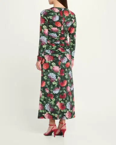 Carolina Herrera Hydrangea-Print Ruched Jersey Long-Sleeve Midi Dress | Thumbnail 3 Carolina Herrera Hydrangea-Print Ruched Jersey Long-Sleeve Midi Dress | Thumbnail 3