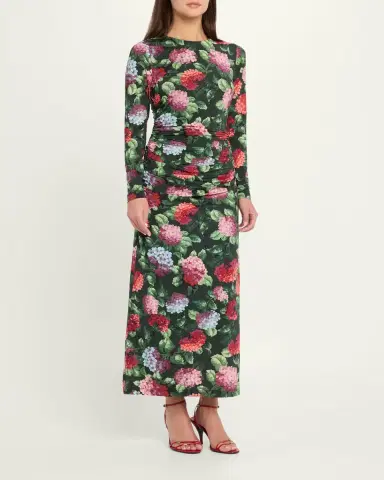 Carolina Herrera Hydrangea-Print Ruched Jersey Long-Sleeve Midi Dress | Thumbnail 4 Carolina Herrera Hydrangea-Print Ruched Jersey Long-Sleeve Midi Dress | Thumbnail 4