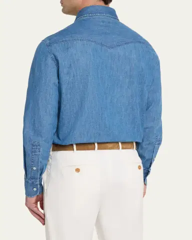 Brunello Cucinelli Men's Denim Flap-Pocket Western Sport Shirt | Thumbnail 3 Brunello Cucinelli Men's Denim Flap-Pocket Western Sport Shirt | Thumbnail 3