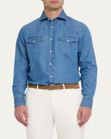 Brunello Cucinelli Men's Denim Flap-Pocket Western Sport Shirt | Thumbnail 4 Brunello Cucinelli Men's Denim Flap-Pocket Western Sport Shirt | Thumbnail 4