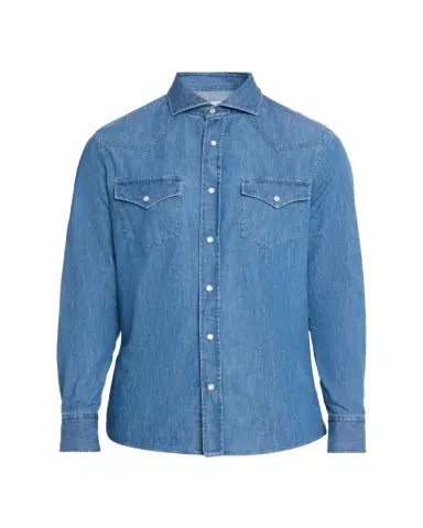 Brunello Cucinelli Men's Denim Flap-Pocket Western Sport Shirt | Thumbnail 1 Brunello Cucinelli Men's Denim Flap-Pocket Western Sport Shirt | Thumbnail 1