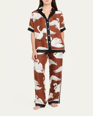 Olivia von Halle Tilda Ines Swan-Print Silk Twill Pajama Set | Thumbnail 2 Olivia von Halle Tilda Ines Swan-Print Silk Twill Pajama Set | Thumbnail 2