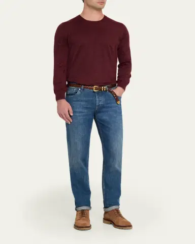 Brunello Cucinelli Men's Fine-Gauge Melange Cashmere-Blend Crewneck Sweater | Thumbnail 2 Brunello Cucinelli Men's Fine-Gauge Melange Cashmere-Blend Crewneck Sweater | Thumbnail 2