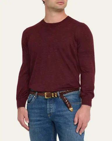 Brunello Cucinelli Men's Fine-Gauge Melange Cashmere-Blend Crewneck Sweater | Thumbnail 4 Brunello Cucinelli Men's Fine-Gauge Melange Cashmere-Blend Crewneck Sweater | Thumbnail 4