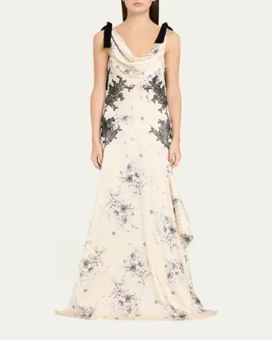 Cinq a Sept Hand-Sketched Floral Cowl-Neck Gown | Thumbnail 2 Cinq a Sept Hand-Sketched Floral Cowl-Neck Gown | Thumbnail 2