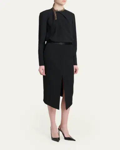 Tom Ford Satin-Trim Wool High-Low Slit Skirt | Thumbnail 2 Tom Ford Satin-Trim Wool High-Low Slit Skirt | Thumbnail 2