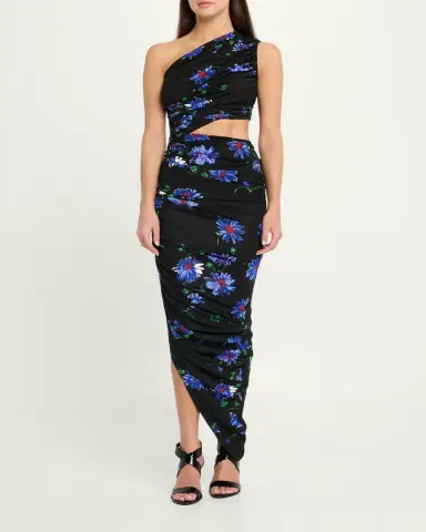 Alaïa Ruched Floral Jersey Cutout Asymmetric Midi Dress | Thumbnail 2 Alaïa Ruched Floral Jersey Cutout Asymmetric Midi Dress | Thumbnail 2