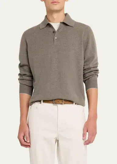 Brunello Cucinelli Men's Cashmere Knit Long-Sleeve Polo Shirt | Thumbnail 4 Brunello Cucinelli Men's Cashmere Knit Long-Sleeve Polo Shirt | Thumbnail 4