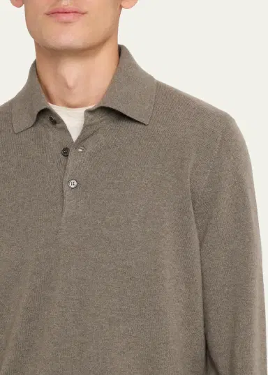 Brunello Cucinelli Men's Cashmere Knit Long-Sleeve Polo Shirt | Thumbnail 5 Brunello Cucinelli Men's Cashmere Knit Long-Sleeve Polo Shirt | Thumbnail 5