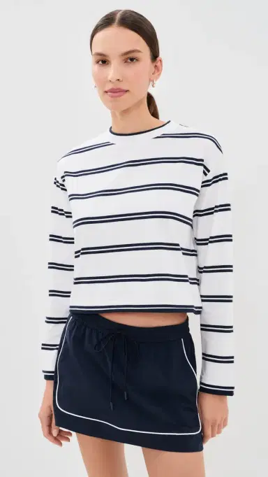 Good American The ong Sleeve ayered Tee Navy Double Stripe | Thumbnail 2 Good American The ong Sleeve ayered Tee Navy Double Stripe | Thumbnail 2