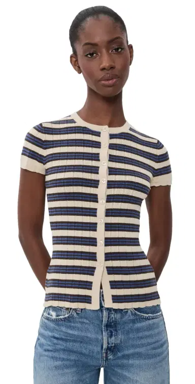 Madewell Short-Sleeve Cardigan Pale Chamois Multi tripe | Thumbnail 1 Madewell Short-Sleeve Cardigan Pale Chamois Multi tripe | Thumbnail 1