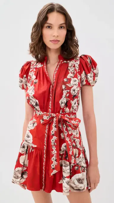 ALICE + OLIVIA Cora Tiered ini Shirt Dress Rose Garden Lg Hibiscus | Thumbnail 2 ALICE + OLIVIA Cora Tiered ini Shirt Dress Rose Garden Lg Hibiscus | Thumbnail 2