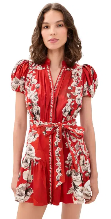 ALICE + OLIVIA Cora Tiered ini Shirt Dress Rose Garden Lg Hibiscus | Thumbnail 1 ALICE + OLIVIA Cora Tiered ini Shirt Dress Rose Garden Lg Hibiscus | Thumbnail 1