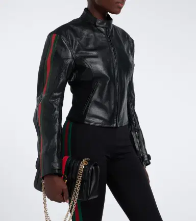 Gucci Web Stripe leather biker jacket | Thumbnail 2 Gucci Web Stripe leather biker jacket | Thumbnail 2
