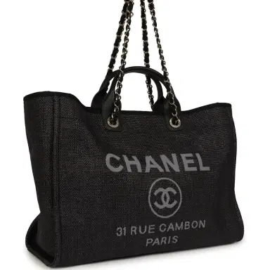 Chanel Chanel Large Deauville Shopping Tote Black, Grey Raffia, Black Canvas Light Gold Hardware | Thumbnail 2 Chanel Chanel Large Deauville Shopping Tote Black, Grey Raffia, Black Canvas Light Gold Hardware | Thumbnail 2