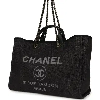 Chanel Chanel Large Deauville Shopping Tote Black, Grey Raffia, Black Canvas Light Gold Hardware | Thumbnail 5 Chanel Chanel Large Deauville Shopping Tote Black, Grey Raffia, Black Canvas Light Gold Hardware | Thumbnail 5