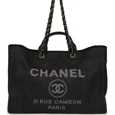 Chanel Chanel Large Deauville Shopping Tote Black, Grey Raffia, Black Canvas Light Gold Hardware | Thumbnail 1 Chanel Chanel Large Deauville Shopping Tote Black, Grey Raffia, Black Canvas Light Gold Hardware | Thumbnail 1