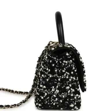 Chanel Chanel Mini Coco Handle Flap Bag Black, White Sequin, Beaded Light Gold Hardware | Thumbnail 3 Chanel Chanel Mini Coco Handle Flap Bag Black, White Sequin, Beaded Light Gold Hardware | Thumbnail 3